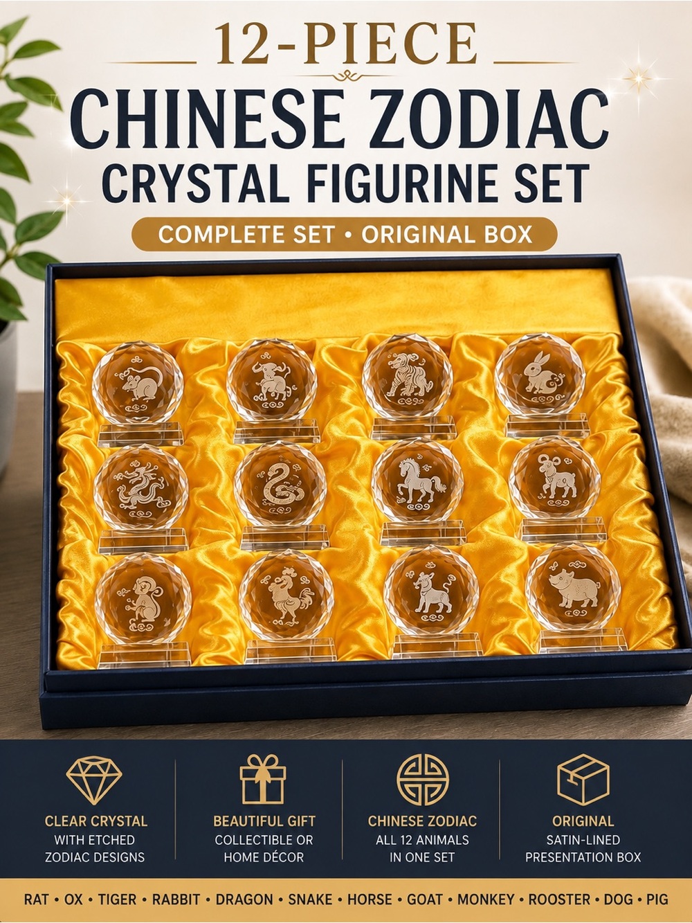 Chinese Zodiac Crystal Figurines 12 Pc Set Animals Feng Shui Gift